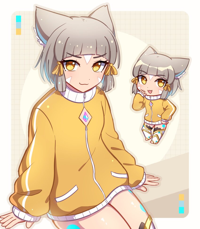 1girl absurdres animal_ears cat_ears chest_jewel chibi enni grey_hair highres nia_(xenoblade) solo xenoblade_chronicles_(series) xenoblade_chronicles_2 yellow_eyes