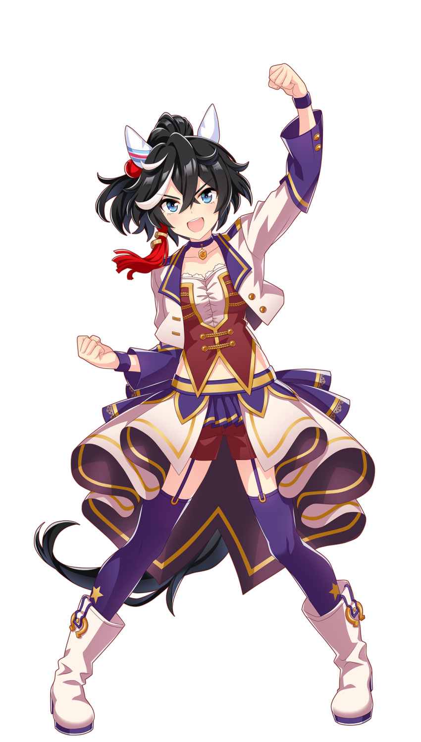 1girl animal_ears arm_up back_ribbon black_hair blue_eyes boots breasts clenched_hands collarbone ear_covers full_body hair_between_eyes hair_ornament highres horse_ears horse_girl horse_tail horseshoe_ornament jacket katsuragi_ace_(umamusume) looking_at_viewer medium_hair midriff multicolored_hair navel official_art open_mouth ponytail purple_thighhighs red_shorts ribbon short_hair shorts simple_background small_breasts smile solo standing star_(symbol) star_print starting_future_(umamusume) straight-on streaked_hair tachi-e tail teeth thigh_strap thighhighs thighs transparent_background two-tone_hair umamusume upper_teeth_only white_boots white_hair white_jacket wristband