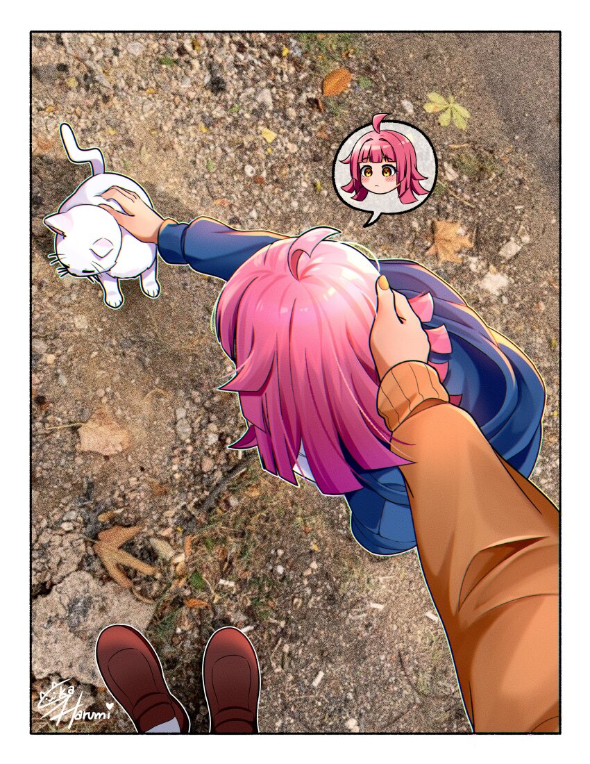 2girls absurdres ahoge blue_hoodie blush brown_cardigan brown_footwear cardigan cat from_above hanpen_(love_live!) headpat highres hood hoodie loafers long_sleeves love_live! love_live!_nijigasaki_high_school_idol_club medium_hair miyashita_ai multiple_girls petting pink_hair pov pov_hands shoes signature ska.harumi spoken_character tennoji_rina upper_body white_cat yellow_eyes