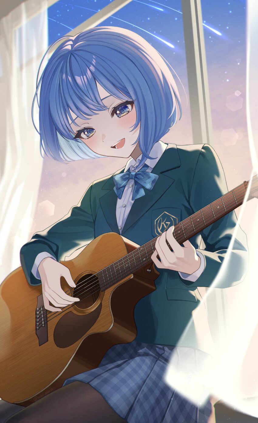 1girl :d absurdres acoustic_guitar blazer blue_bow blue_bowtie blue_eyes blue_hair blue_jacket blue_skirt bob_cut bow bowtie collared_shirt comet curtains guitar hashtag-only_commentary highres holding holding_guitar holding_instrument hoshimachi_suisei indoors instrument jacket kireigoto_(hoshimachi_suisei) lapels mui_maru music notched_lapels open_mouth playing_instrument pleated_skirt school_uniform shirt short_hair sitting skirt smile solo star_(symbol) star_in_eye swimsuit symbol_in_eye teeth virtual_youtuber white_shirt window