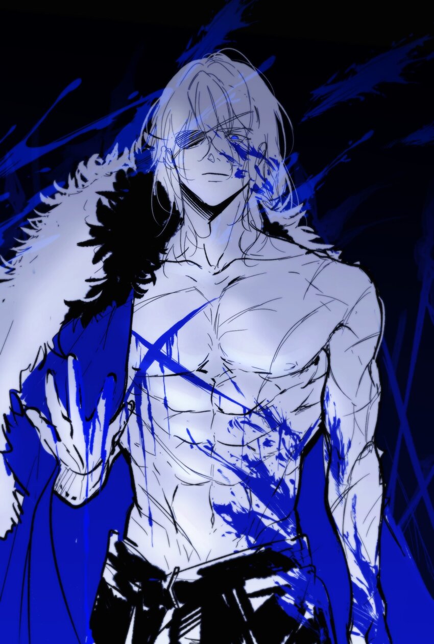 1boy abs arm_up blood blood_on_body blood_splatter blue_blood blue_cape blue_eyes cape closed_mouth collarbone commentary_request cowboy_shot dimitri_alexandre_blaiddyd dimitri_alexandre_blaiddyd_(timeskip) eyepatch fire_emblem fire_emblem:_three_houses frown fur-trimmed_cape fur_trim gimechall hair_between_eyes highres korean_commentary looking_down male_focus medium_hair nintendo one_eye_covered pants pectorals solo toned toned_male topless_male