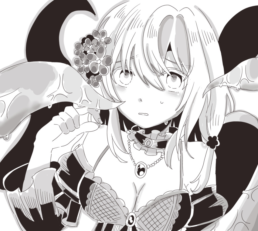 1girl altea_aquila_(jain_no_ikenie) bare_shoulders black_dress blush breasts cleavage detached_sleeves dress flower hair_flower hair_ornament jain_no_ikenie jewelry large_breasts long_hair monochrome necklace solo source_request sticky sweatdrop teeth tentacles upper_body user_sjtw2272