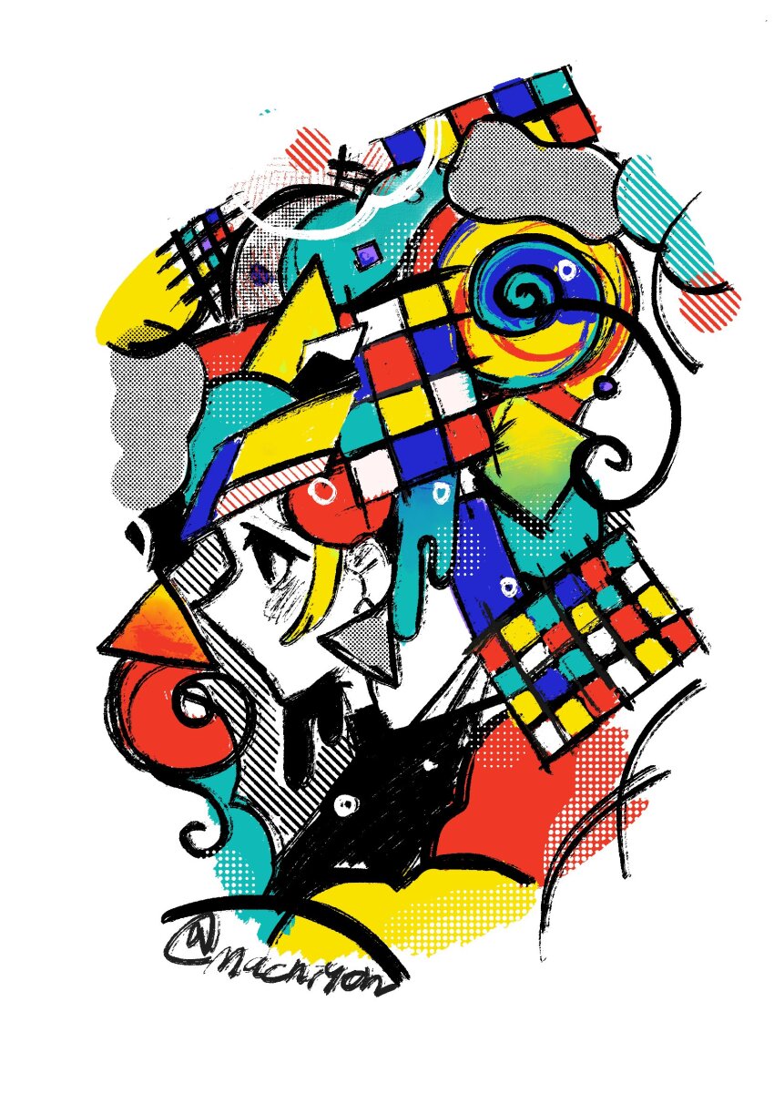 1girl abstract colorful from_side halftone hatching_(texture) highres linear_hatching machigami_yoh original portrait profile solo twitter_username