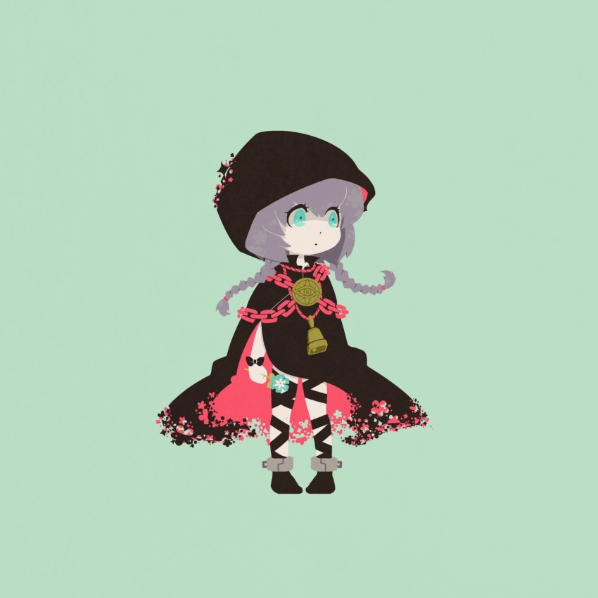1girl bell black_cape blue_background blue_eyes braid cape chain commentary_request curse_maker curse_maker_2 etrian_odyssey eyelashes flower full_body highres hijikimon2mon holding holding_flower hood hood_up long_hair looking_ahead low_twin_braids sekaiju_no_meikyuu sekaiju_no_meikyuu_2 simple_background solo twin_braids wrist_bow