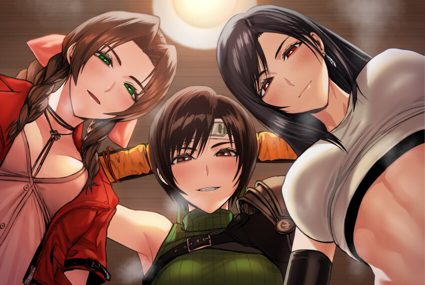 3girls aerith_gainsborough arms_behind_head black_hair blush bow breasts breath brown_eyes brown_hair commentary_request covered_erect_nipples cropped_jacket dress final_fantasy final_fantasy_vii final_fantasy_vii_rebirth final_fantasy_vii_remake forehead_protector from_below green_eyes highres jacket light_blush long_hair looking_at_viewer multiple_girls naughty_face pink_background pink_bow pink_dress red_eyes red_jacket sgk short_hair sleeveless sleeveless_turtleneck steaming_body tifa_lockhart toned toned_female turtleneck you_gonna_get_raped yuffie_kisaragi