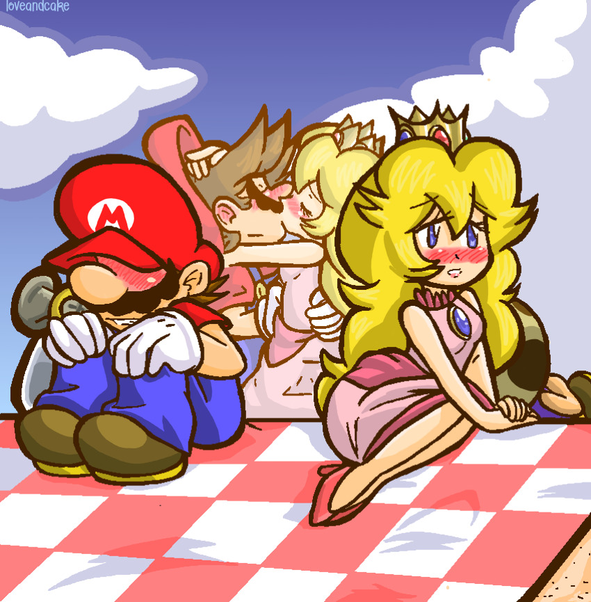 1girl 2boys artist_name blonde_hair blue_eyes blush brown_hair dress f.l.u.d.d. gloves high_heels highres hug kiss legs mario mario_(series) multiple_boys nervous nintendo overalls princess princess_peach sitting super_mario_sunshine thighs thinking toadsworth
