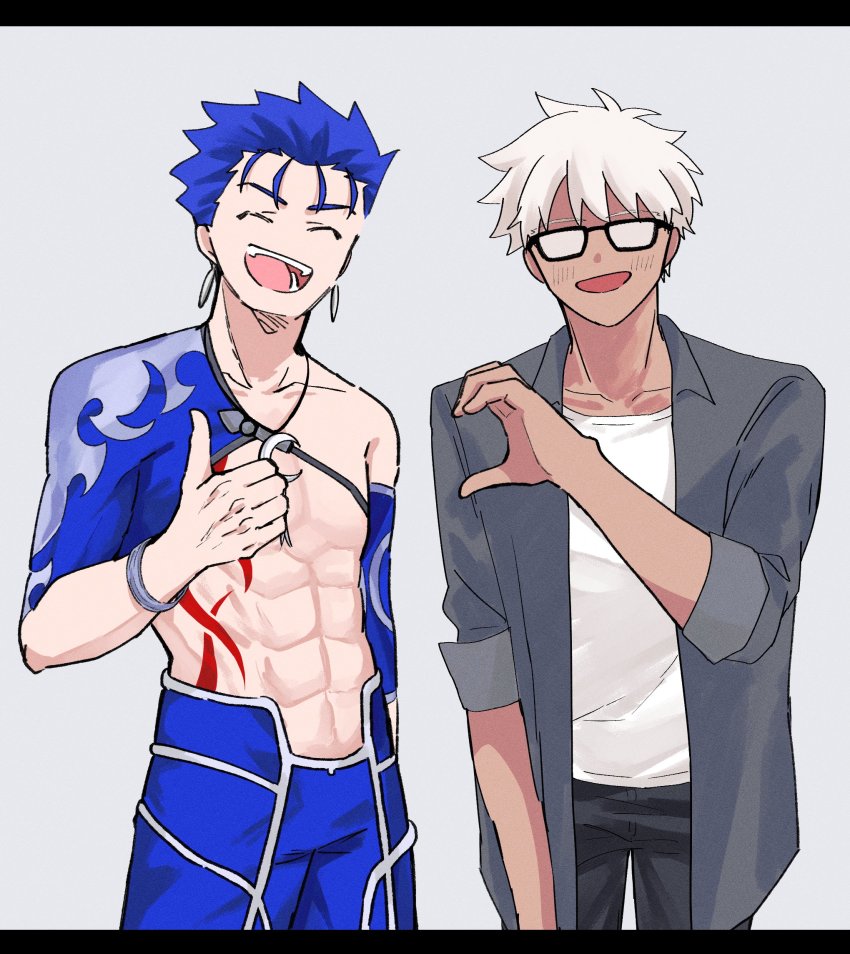 2boys abs archer_(fate) archer_(summer_casual)_(fate) blue_hair bracelet closed_eyes crescent crescent_necklace cu_chulainn_(second_ascension)_(fate) dark-skinned_male dark_skin detached_sleeves earrings fate/grand_order fate_(series) friend_zone_sign glasses harusima heart_hands_failure highres jacket jewelry looking_at_viewer male_focus multiple_boys muscular muscular_male necklace official_alternate_costume open_clothes open_mouth pants pectorals red_eyes shirt short_hair smile solo tank_top thumbs_up topless_male white_hair yaoi