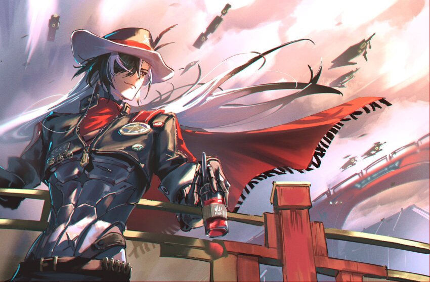 1boy absurdres aircraft airplane amalgam4242 badge belt black_belt black_eyes black_hair black_hat black_jacket boothill_(honkai:_star_rail) bridge bullet bullet_print cape closed_mouth cloud cloudy_sky commentary cup cyborg disposable_cup drink drinking_straw english_commentary evening floating_cape floating_hair flying_boat grey_armor hair_over_one_eye hat hat_feather highres holding holding_cup honkai:_star_rail honkai_(series) jacket long_hair long_sleeves looking_to_the_side male_focus multicolored_hair outdoors pink_sky prosthesis prosthetic_arm prosthetic_hand red_cape red_pupils seaplane sheriff_badge sky smile solo two-tone_hair white_hair zipper