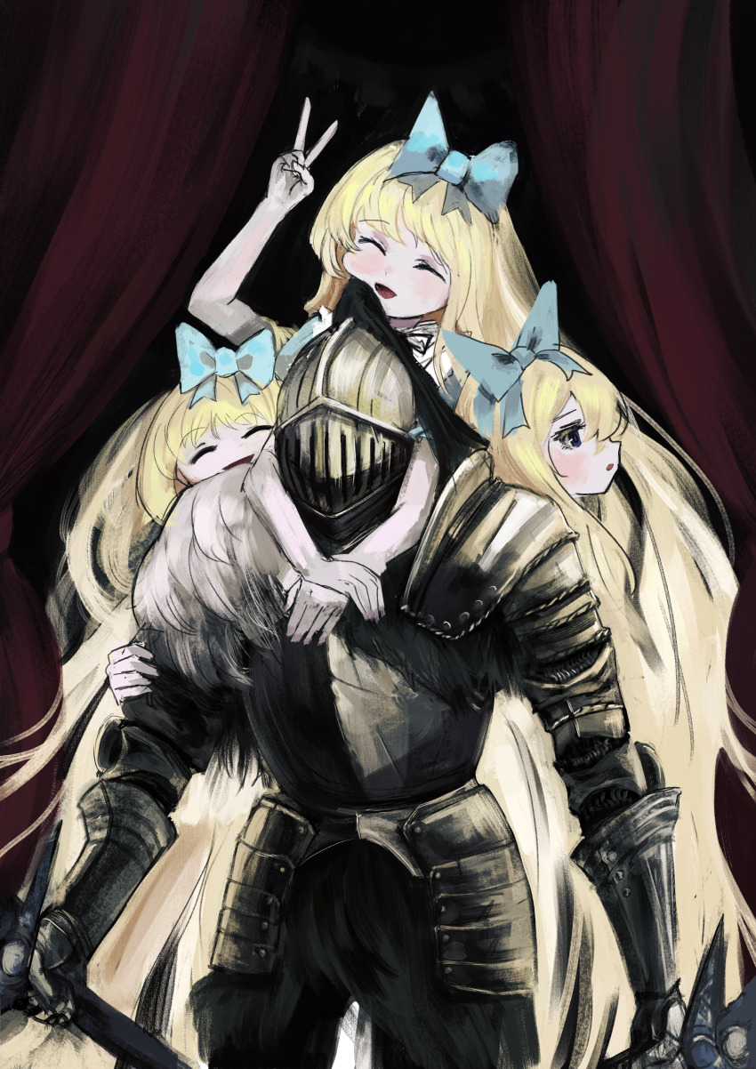 1boy 3girls :d absurdres alice_(black_souls) armor black_background black_souls blonde_hair blue_bow blue_eyes bow closed_eyes dual_wielding facing_away facing_viewer full_armor grimm_(black_souls) hair_between_eyes hair_bow hand_up head_tilt helmet highres holding holding_sword holding_weapon hug hug_from_behind long_hair multiple_girls open_mouth parted_lips ropeperson smile sword v very_long_hair weapon