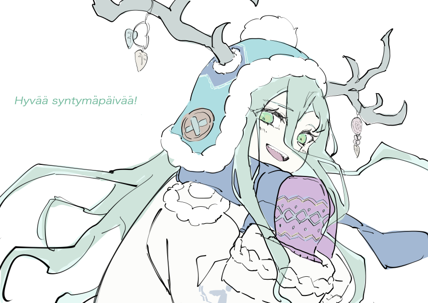 1girl absurdres antlers beanie blue_hat blue_scarf blush fate/grand_order fate_(series) green_eyes green_hair hair_between_eyes hat highres horns long_hair long_sleeves looking_at_viewer louhi_(fate) louhi_(second_ascension)_(fate) mittens open_mouth purple_mittens scarf smile solo sweater translation_request white_sweater zakio