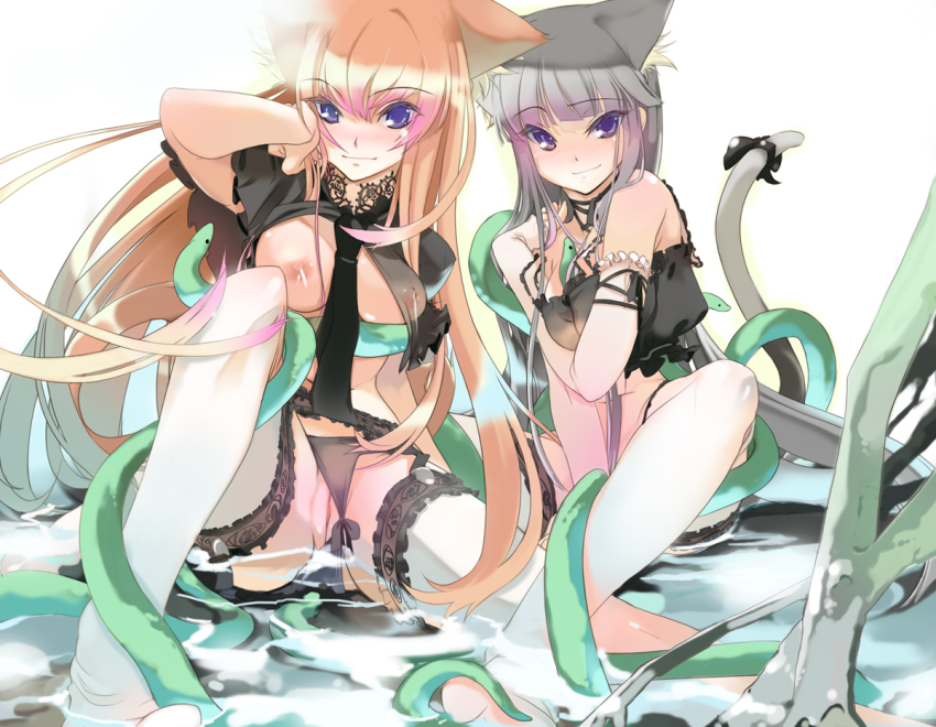 2girls animal_ears bare_shoulders black_hair black_panties blonde_hair blue_eyes blush bow breasts cat_ears cat_tail cleavage clothes_lift clothing_aside eel elbow_gloves garter_belt gloves gradient_hair large_breasts long_hair looking_at_viewer maruku multicolored_hair multiple_girls naughty_face necktie nipples original panties panties_aside purple_eyes purple_hair pussy raised_eyebrow seductive_smile see-through_clothes shirt_lift sitting smile snake tail tail_bow tail_ornament thighhighs underwear water white_legwear