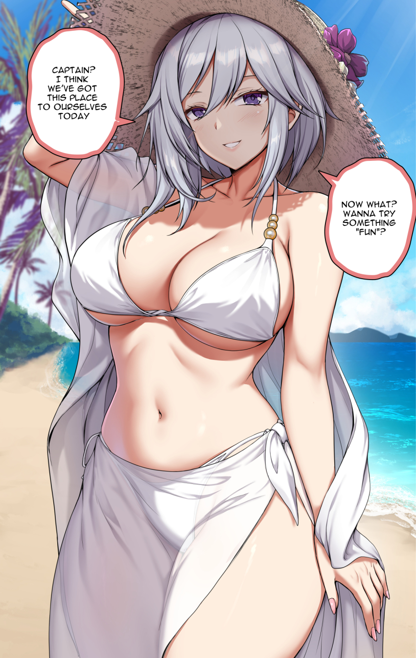 1girl :d arm_up bare_shoulders beach bikini blue_sky blush breasts cecilia_schariac cleavage clip_studio_paint_(medium) cloud collarbone commentary day english_commentary english_text hair_between_eyes highres honkai_(series) honkai_impact_3rd large_breasts light_rays looking_at_viewer mature_female navel ocean open_mouth palm_tree pink_nails purple_eyes sarong sheita sky smile solo speech_bubble standing stomach swimsuit tree white_bikini white_hair white_sarong