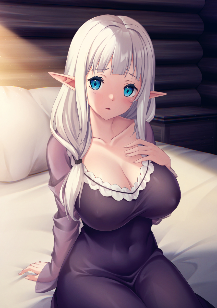 1girl absurdres arm_support bed_sheet black_dress blue_eyes blunt_bangs blush breasts cleavage collarbone commentary_request covered_erect_nipples curvy dress grey_hair hair_over_shoulder hand_on_own_chest highres indoors isekai_nonbiri_nouka large_breasts long_hair looking_at_viewer maijin_(ayisaka) open_mouth pillow pointy_ears rurushi_ru see-through_clothes see-through_sleeves sidelocks sitting solo stomach wooden_wall