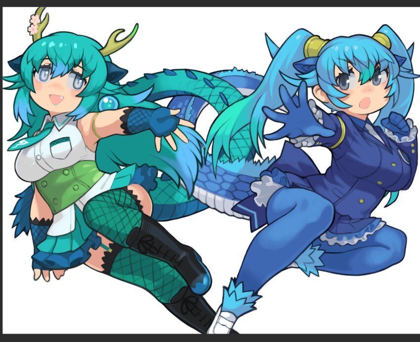 2girls animal_ears bare_shoulders belt black_footwear blue_dragon_(kemono_friends) blue_eyes blue_gloves blue_hair blue_jacket blue_necktie blue_pantyhose blue_shirt blue_skirt blue_socks blue_thighhighs blush boots cherry_blossoms collared_shirt dragon_ears dragon_girl dragon_horns dragon_tail extra_ears fang fingerless_gloves fishnet_gloves fishnet_thighhighs fishnets frilled_gloves frilled_skirt frilled_socks frilled_thighhighs frills garter_straps gloves green_belt hair_between_eyes horns jacket japari_symbol kemono_friends loafers long_hair long_sleeves multiple_girls necktie open_mouth pantyhose pleated_skirt rinx seiryuu_(kemono_friends) shirt shoes sidelocks skirt sleeveless smile socks tail thighhighs twintails two-tone_skirt white_footwear white_necktie