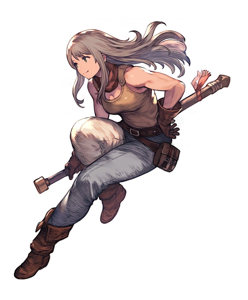 1girl belt boots breasts dojen gloves highres medium_breasts muscular muscular_female pants simple_background smile sword tagme tank_top weapon white_background