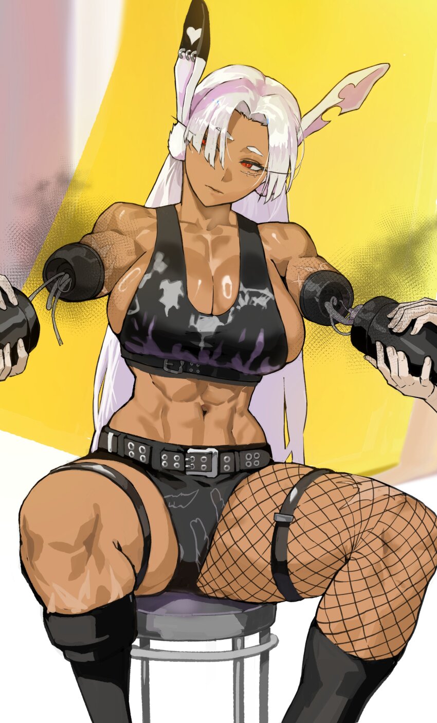 1girl 2others abs absurdres alternate_costume amputee animal_ears bare_shoulders belt black_belt black_shorts black_sports_bra boku_no_hero_academia breasts chest_belt cleavage closed_mouth collarbone dark-skinned_female dark_skin fishnet_thighhighs fishnets hair_over_one_eye highres holding large_breasts long_eyelashes long_hair looking_at_another mechanical_arms mechanical_ears midriff mirko multiple_others navel notched_ear on_stool park_ongjol parted_bangs prosthesis prosthetic_leg rabbit_ears rabbit_girl red_eyes scar scar_on_face short_shorts shorts sideboob single_fishnet_legwear sitting sports_bra spread_legs thick_thighs thigh_strap thighhighs thighs toned toned_female very_long_hair white_hair