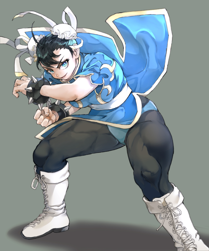 1girl absurdres ahoge alternate_eye_color black_pantyhose blue_dress blue_eyes blue_panties boots bracelet breasts bun_cover capcom china_dress chinese_clothes chun-li clenched_hand double_bun dress fighting_stance full_body grey_background hair_bun hair_pulled_back hair_ribbon hajime_(kuninotokotatinokami) highres horse_stance jewelry lace-up_boots looking_at_viewer medium_breasts panties panties_under_pantyhose pantyhose pantyshot pelvic_curtain puffy_short_sleeves puffy_sleeves ribbon sash short_hair short_sleeves solo spiked_bracelet spikes standing street_fighter street_fighter_ii_(series) thick_thighs thighs underwear white_boots white_ribbon wind wind_lift