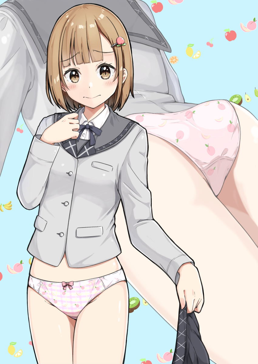 1girl absurdres ass blue_background blunt_ends blush bow bow_panties breasts brown_eyes brown_hair buttons closed_mouth collared_shirt commentary_request commission cowboy_shot crotch_seam dress_shirt embarrassed food-themed_hair_ornament food_print fruit_background fruit_print grey_jacket grey_ribbon grey_sailor_collar grey_skirt hair_ornament hand_up highres holding holding_unworn_clothes holding_unworn_skirt jacket large_variant_set long_sleeves looking_at_viewer medium_hair multiple_views neck_ribbon negimiso1989 no_pants original panties peach_hair_ornament pink_bow pink_panties pixiv_commission plaid_clothes plaid_panties pleated_skirt print_panties raised_inner_eyebrows ribbon sailor_collar school_uniform serafuku shirt skirt small_breasts standing underwear unworn_skirt variant_set white_shirt zoom_layer