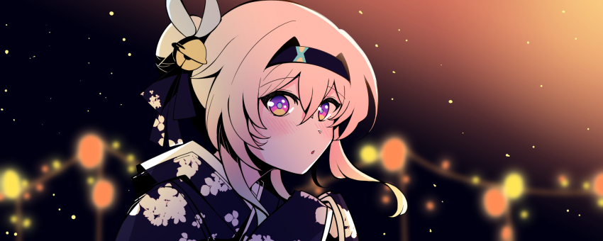 1girl :o bell blue_hairband blue_kimono blue_pupils blue_ribbon blush commentary_request electronduck firefly_(honkai:_star_rail) grey_hair hair_bell hair_between_eyes hair_bun hair_intakes hair_ornament hair_ribbon hairband highres honkai:_star_rail honkai_(series) japanese_clothes kimono korean_commentary lantern open_mouth paper_lantern ribbon solo