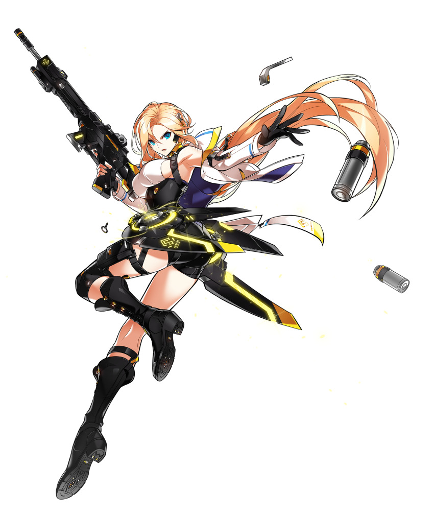armored_skirt artist_request assault_rifle asymmetrical_gloves bare_shoulders belt belt_bag black_bag black_belt black_boots black_corset black_gloves black_shorts black_skirt blonde_hair blue_eyes boots breasts corset determined elsword fighting_stance fingerless_gloves floating_clothes floating_hair frown gloves gun hair_between_eyes hair_ornament high_heel_boots high_heels highres holding holding_gun holding_weapon jacket knee_boots knee_pads large_breasts leg_up long_hair looking_at_viewer loose_hair_strand miniskirt mismatched_gloves multiple_belts official_alternate_costume official_art open_clothes open_jacket open_mouth rifle rose_(elsword) second-party_source shell_casing shirt short_shorts shorts shorts_under_skirt shoulder_belt sideboob single_fingerless_glove skirt standing tachi-e thigh_belt thigh_strap throwing tight_clothes tight_shirt transparent_background very_long_hair weapon white_jacket white_shirt