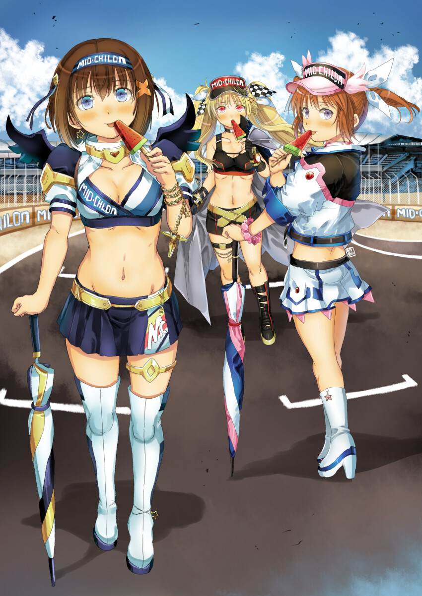 3girls absurdres black_footwear blue_eyes blush boots breasts brown_hair checkered_ribbon cleavage cloud collarbone earrings fate_testarossa food garimpeiro hair_ornament hair_ribbon hat head_tilt high_heel_boots high_heels highres holding holding_food holding_popsicle jewelry long_hair looking_at_viewer lyrical_nanoha mahou_shoujo_lyrical_nanoha medium_breasts midriff miniskirt multiple_girls navel open_mouth orange_eyes pink_hat popsicle purple_eyes racetrack ribbon short_hair shrug_(clothing) skirt sky small_breasts smile star_(symbol) star_earrings star_hair_ornament takamachi_nanoha thigh_boots thigh_strap twintails umbrella visor_cap watermelon_bar white_footwear white_ribbon yagami_hayate