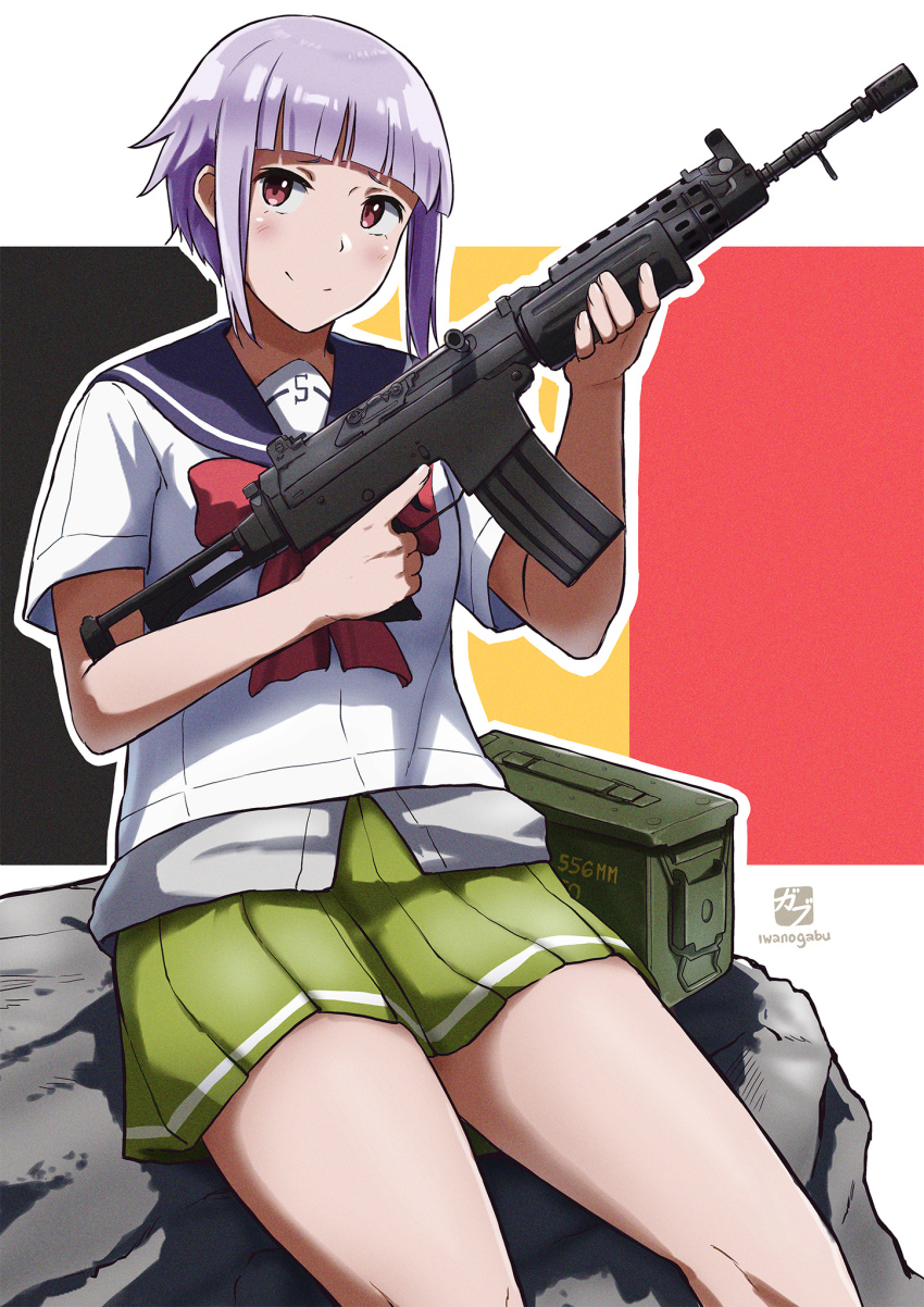 1girl ammunition_box artist_logo assault_rifle belgian_flag black_background blue_sailor_collar blunt_bangs bow closed_mouth commentary feet_out_of_frame flag_background fn_fnc fnc_(upotte!!) folding_stock gabuillust green_skirt grey_shirt gun handle highres holding holding_gun holding_weapon layered_clothes light_blush light_purple_hair logo looking_at_viewer multicolored_background on_rock pleated_skirt red_background red_bow red_eyes rifle rock sailor_collar school_uniform serafuku shirt short_hair short_sleeves sidelocks sideways_glance single_stripe sitting skirt smile solo striped thighs trigger_discipline untucked_shirt upotte!! weapon white_background white_serafuku yellow_background