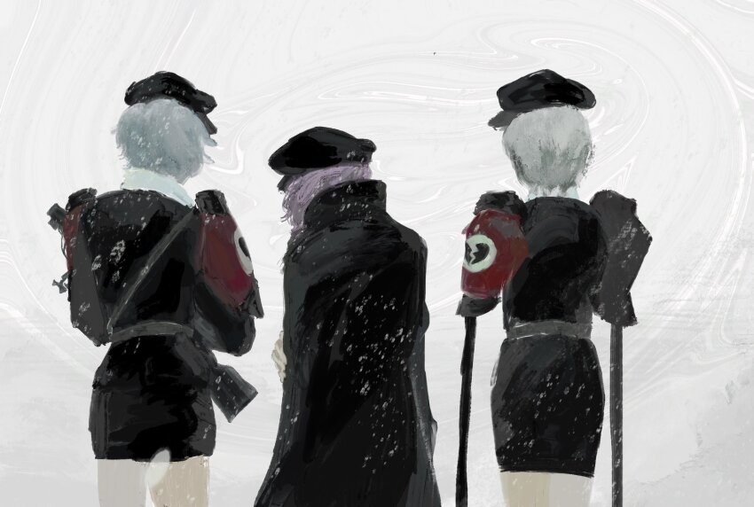 3girls biming black_coat black_hat black_shirt black_skirt broken_heart_print coat cookie_(touhou) cowboy_shot ein_(cookie) from_behind geru_futota grey_hair gun hat highres holding holding_gun holding_weapon izayoi_sakuya military_uniform multiple_girls purple_hair remilia_scarlet shirt short_hair skirt touhou weapon zwei_(cookie)