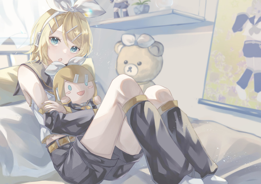 1girl absurdres bare_shoulders bedroom belt black_sailor_collar black_shorts black_sleeves blonde_hair blue_eyes blurry bokeh bow bow_hairband carin_(c_arin1012) character_doll crop_top depth_of_field detached_pants detached_sleeves doll full_body hair_ornament hairband hairclip highres holding holding_stuffed_toy hugging_object indoors kagamine_rin knees_up leaning_back looking_at_viewer muted_color open_mouth painterly pale_skin parallel_hairclips poster_(object) sailor_collar shorts socks solo solo_focus stuffed_toy thighs vocaloid white_bow white_socks yellow_belt yellow_theme