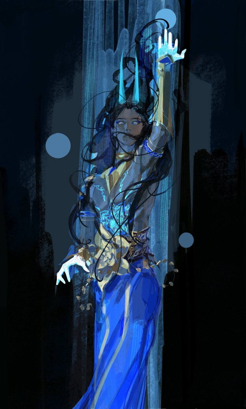 1boy arjuna_(fate) arjuna_alter_(fate) arm_up armor armpits black_hair blue_dress body_markings bracelet bright_pupils choker dark-skinned_male dark_skin dress facial_mark fate/grand_order fate_(series) flower gloves glowing_horns gold_bracelet highres horns jewelry long_hair looking_at_viewer messy_hair simple_background siyemmm solo topless_male white_gloves white_pupils