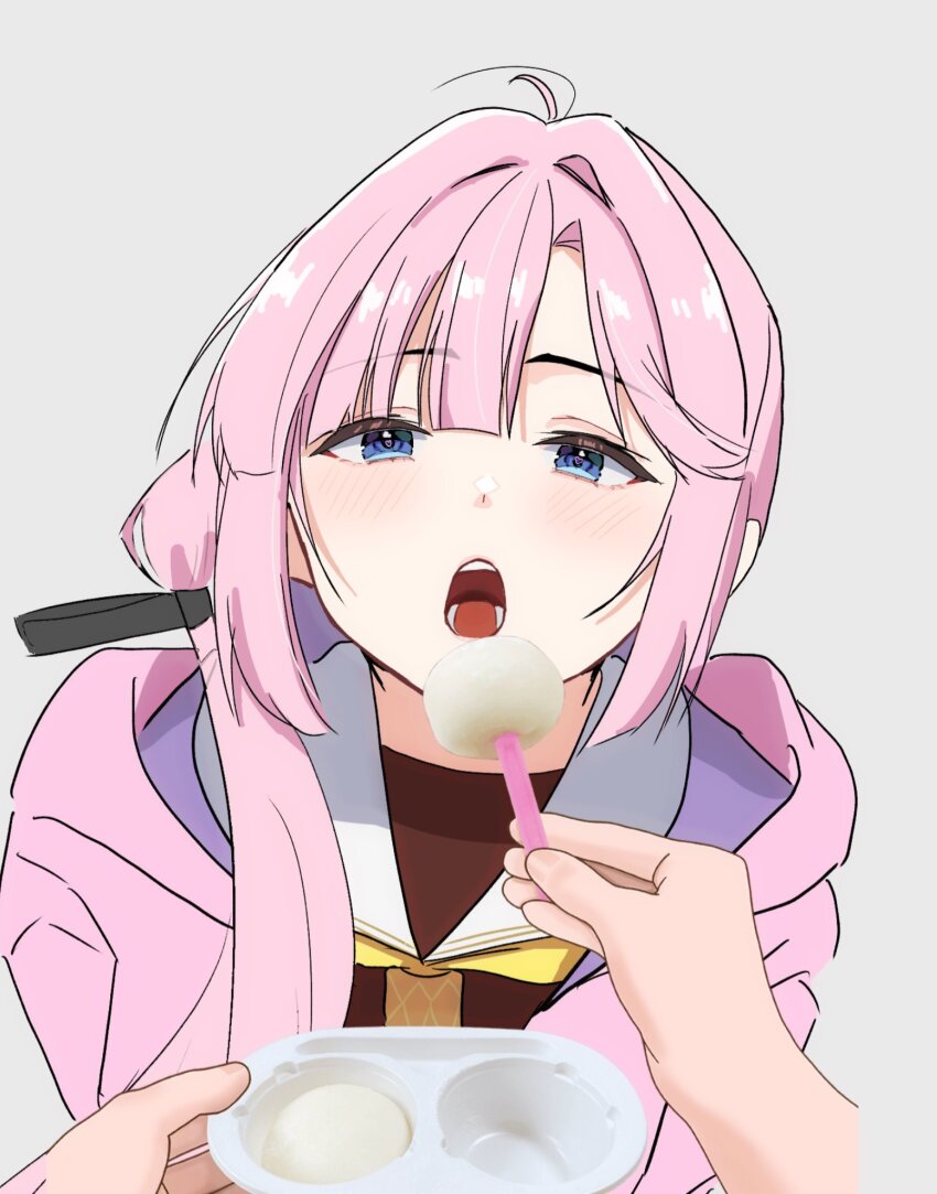 1girl anyoji_hime black_ribbon blue_eyes blush brown_dress commentary_request dress feeding food hair_over_shoulder hair_ribbon hasu_no_sora_school_uniform highres holding holding_food hood hooded_jacket jacket link!_like!_love_live! long_hair long_sleeves looking_at_viewer lotte_(company) love_live! multi-tied_hair neckerchief open_clothes open_jacket open_mouth photo_inset pink_hair pink_jacket ponytail potu_sabu pov pov_hands ribbon sailor_collar sailor_dress school_uniform simple_background solo_focus teeth upper_body virtual_youtuber white_background white_sailor_collar winter_uniform yellow_neckerchief yukimi_daifuku_(food)