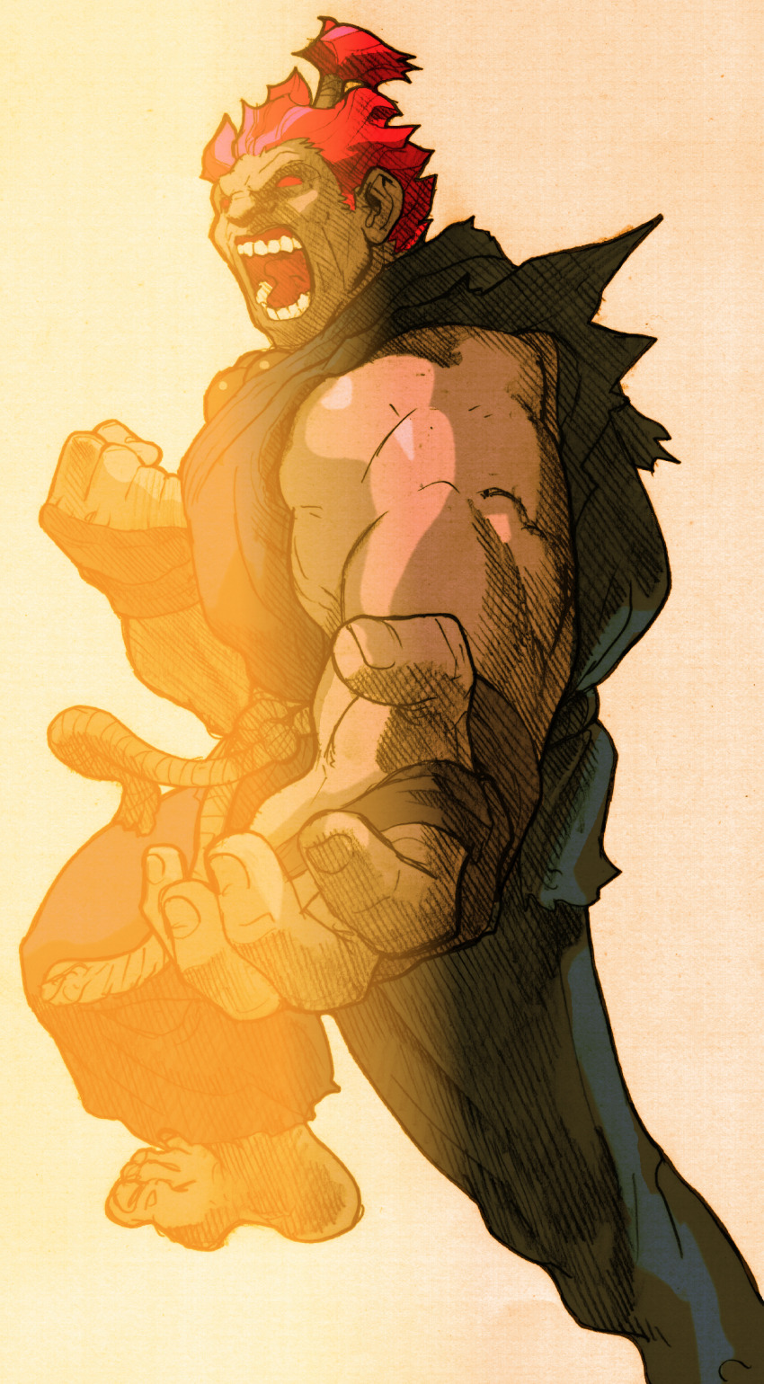 1boy akuma_(street_fighter) angry barefoot beads bengus capcom clenched_hand dougi facing_to_the_side fighting_stance game_cg gloves highres karate_gi male_focus martial_arts_belt marvel marvel_vs._capcom marvel_vs._capcom_2 muscular muscular_male non-web_source official_art open_mouth outstretched_arm prayer_beads red_eyes red_hair scan short_hair sidelighting simple_background solo street_fighter teeth topknot