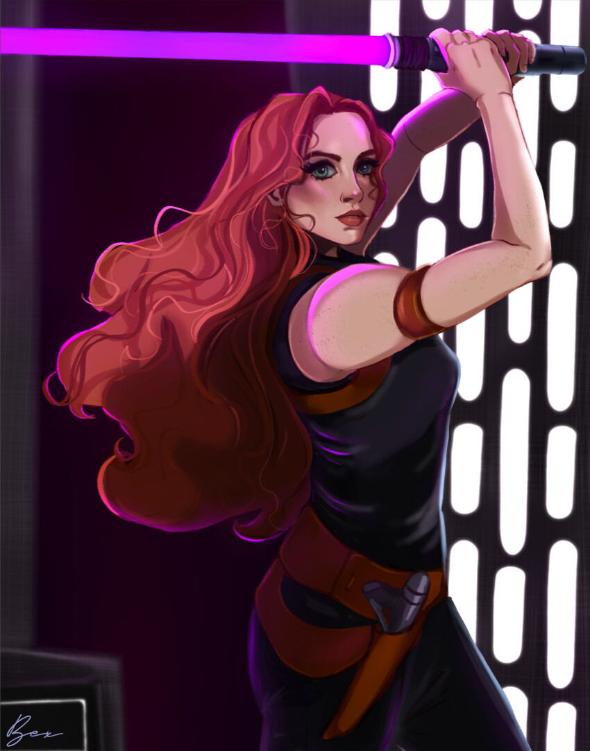 1girl absurdres bex13 black_bodysuit bodysuit energy_sword green_eyes highres holding holding_sword holding_weapon indoors lightsaber long_hair looking_at_viewer mara_jade purple_lightsaber red_hair signature sleeveless sleeveless_bodysuit solo star_wars sword weapon