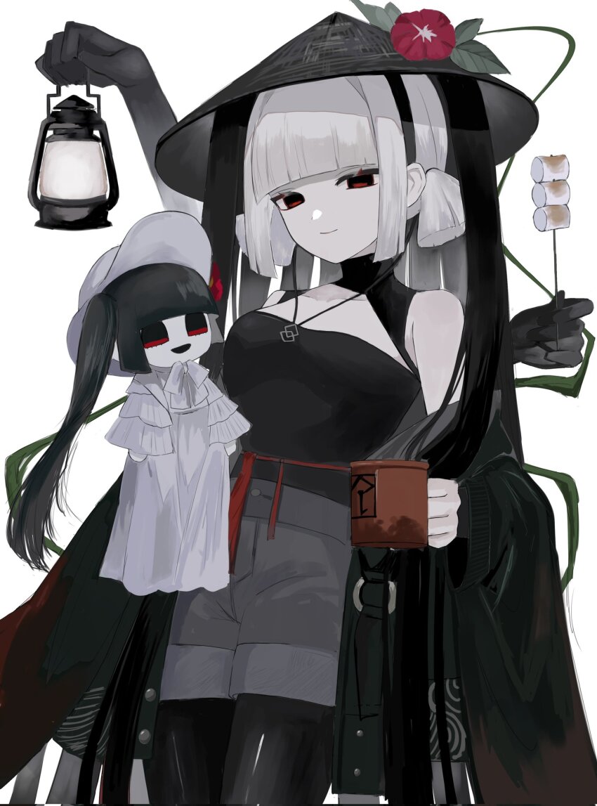 1girl black_dress black_pantyhose blunt_bangs character_doll cup disembodied_hand dress eating fate/grand_order fate_(series) flower ghost_hands hat hat_flower highres holding holding_cup holding_lantern jacket jingasa komahime_(fate) lantern looking_at_viewer pants pantyhose red_eyes roasted_marshmallow rurubusandayo sen_no_rikyu_(fate) short_hair shorts sidelocks smile solo toeless_legwear unworn_jacket white_hair wide_sleeves