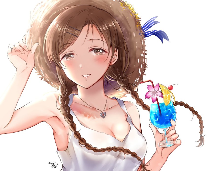1girl arm_up armpits backlighting bare_arms bare_shoulders blue_ribbon blush braid breasts brown_eyes brown_hair cherry cleavage collarbone commentary_request cup dolphin_pendant drink drinking_glass drinking_straw fingernails flower food fruit gen_(enji) hair_ornament hairclip hand_on_headwear hand_up hat hat_flower hat_ribbon heart heart_pendant highres holding holding_cup idolmaster idolmaster_cinderella_girls jewelry long_hair looking_at_viewer medium_breasts necklace nitta_minami orange_(fruit) orange_slice parted_bangs parted_lips pendant pink_flower ribbon shirt simple_background sleeveless sleeveless_shirt smile solo straw_hat striped_ribbon sun_hat tropical_drink twin_braids twitter_username upper_body white_background white_shirt yellow_flower