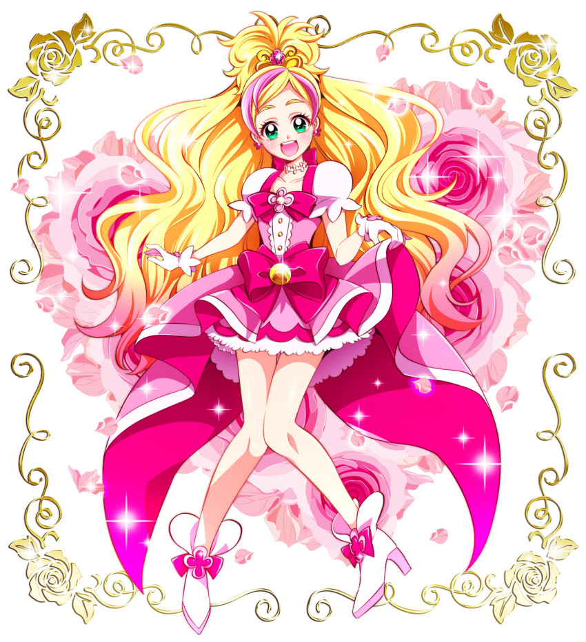 1girl :d blonde_hair bow choker cure_flora female_focus flower gloves go!_princess_precure gradient_hair green_eyes haruno_haruka highres long_hair looking_at_viewer magical_girl multicolored_hair open_mouth pink_bow pink_hair precure rose smile solo two-tone_hair waist_bow warabi_(waradoko) white_gloves