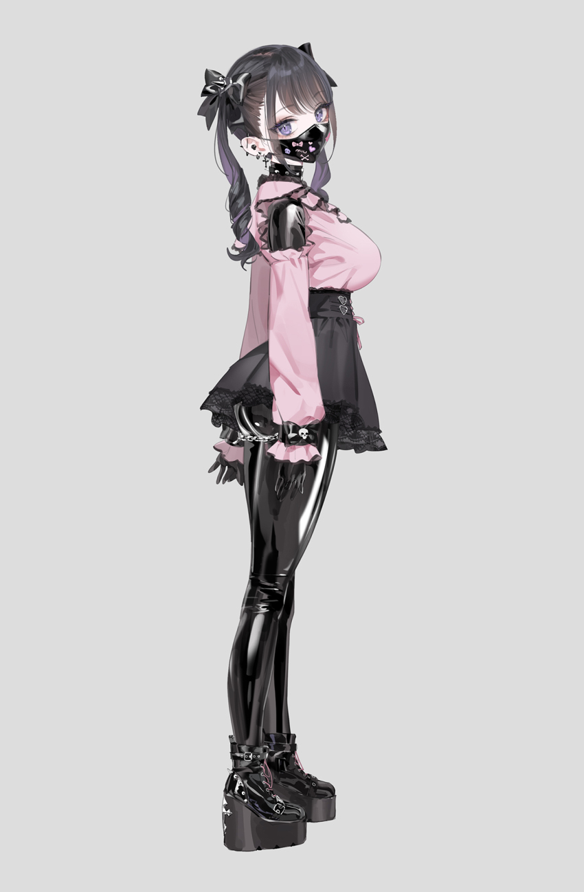 1girl arms_at_sides arms_behind_back black_bodysuit black_bow black_choker black_gloves black_hair black_mask black_pantyhose black_shoes black_skirt bodysuit bodysuit_under_clothes bow breasts choker commentary covered_mouth cross cross_earrings cuffs dress ear_piercing earrings frilled_dress frills full_body gloves grey_background hair_bow hair_ribbon handcuffs high-waist_skirt highres jewelry jirai_kei lace lace-trimmed_skirt lace_trim large_breasts latex latex_bodysuit latex_gloves latex_pantyhose long_hair long_sleeves looking_at_viewer mask mouth_mask original pantyhose piercing pink_shirt platform_heels platform_shoes purple_eyes ribbon shirt shoes simple_background skirt solo thighs twintails wedge_heels wrist_bow yd_(orange_maru)
