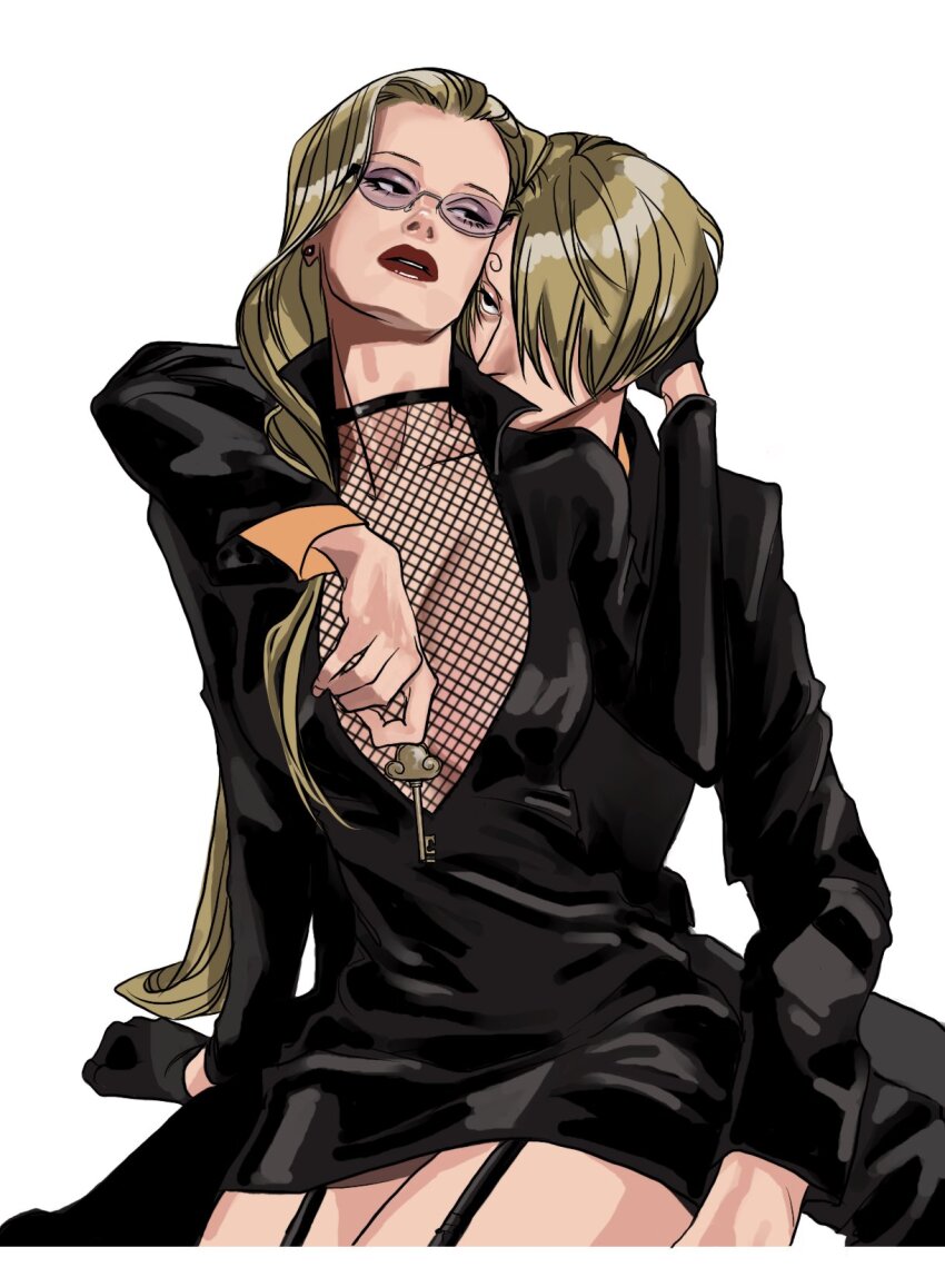 1boy 1girl black_gloves black_suit blonde_hair breasts cleavage commentary curly_eyebrows fishnet_top fishnets formal_clothes garter_straps glasses gloves hair_over_one_eye highres holding holding_key kalifa_(one_piece) key long_hair long_sleeves one_piece popsweetyio red_lips sanji_(one_piece) short_hair simple_background suit symbol-only_commentary white_background