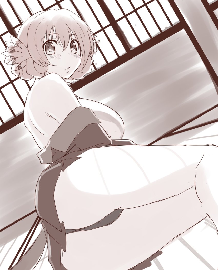 1girl absurdres animal_ears aquaplus ass back backless_outfit bare_legs bare_shoulders blush braid breasts double_bun embarrassed eyes_visible_through_hair from_below from_side greyscale hair_between_eyes hair_bun highres indoors large_breasts legs_together monochrome nike_abc nosuri off_shoulder panties pantyshot parted_lips raised_eyebrows sidelocks skirt sleeveless solo thick_thighs thighs thighs_together toned toned_female underwear utawarerumono utawarerumono:_itsuwari_no_kamen wide-eyed