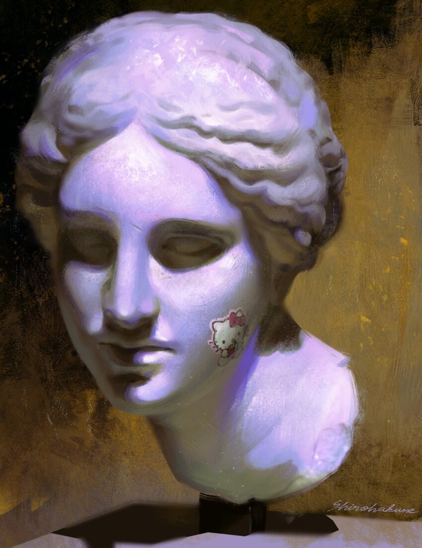 artist_name bust_(sculpture) hello_kitty hello_kitty_(character) highres no_humans object_focus original sanrio shirohakune sticker still_life