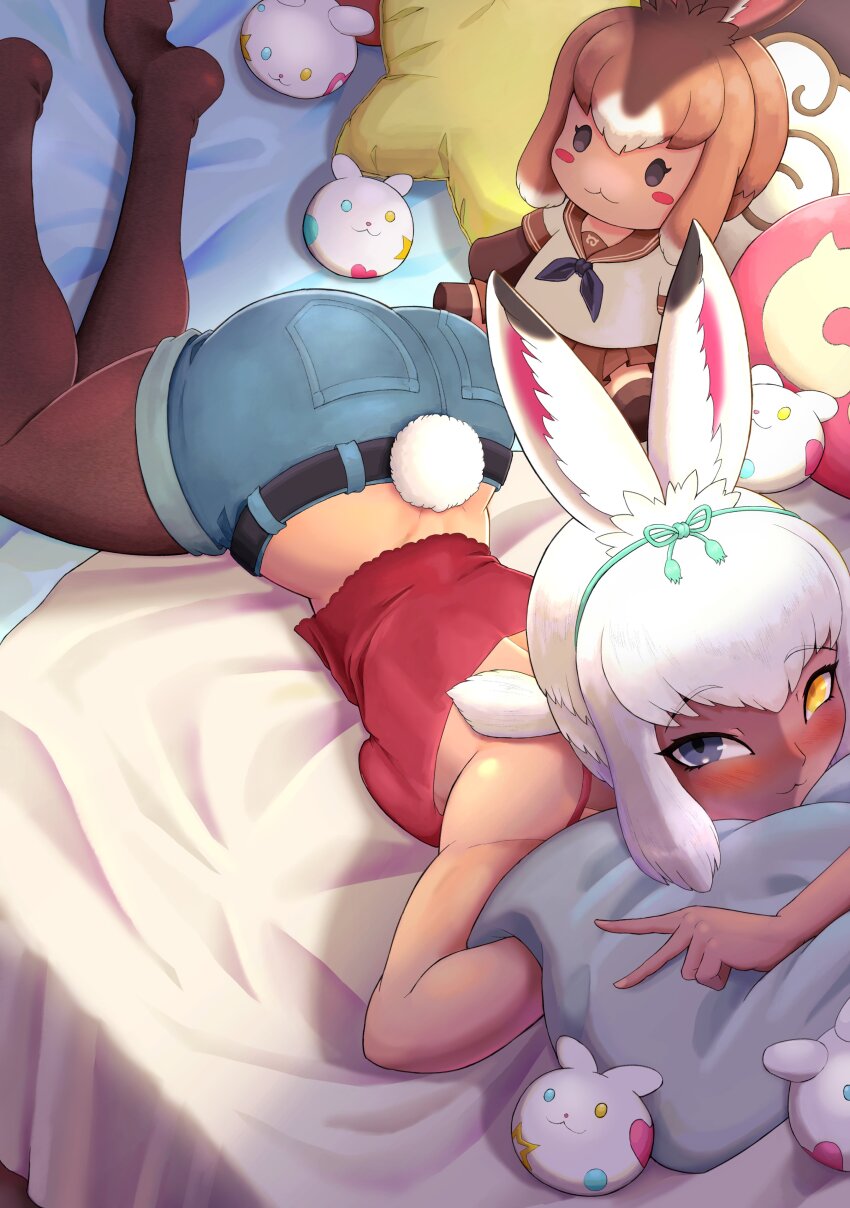 1girl :3 absurdres animal_ears bare_shoulders black_pantyhose blue_bow blue_eyes blue_shorts blush bow casual character_doll ciapolilla crop_top denim denim_shorts doll hair_between_eyes hair_bow heterochromia highres japanese_hare_(kemono_friends) japari_symbol kemono_friends kemono_friends_3 looking_at_viewer no_shoes official_alternate_costume on_bed pantyhose pillow rabbit_ears rabbit_girl rabbit_tail red_shirt shirt short_hair shorts sidelocks sleeveless smile solo tail tsukuyomi_shinshi_(kemono_friends) white_hair yellow_eyes