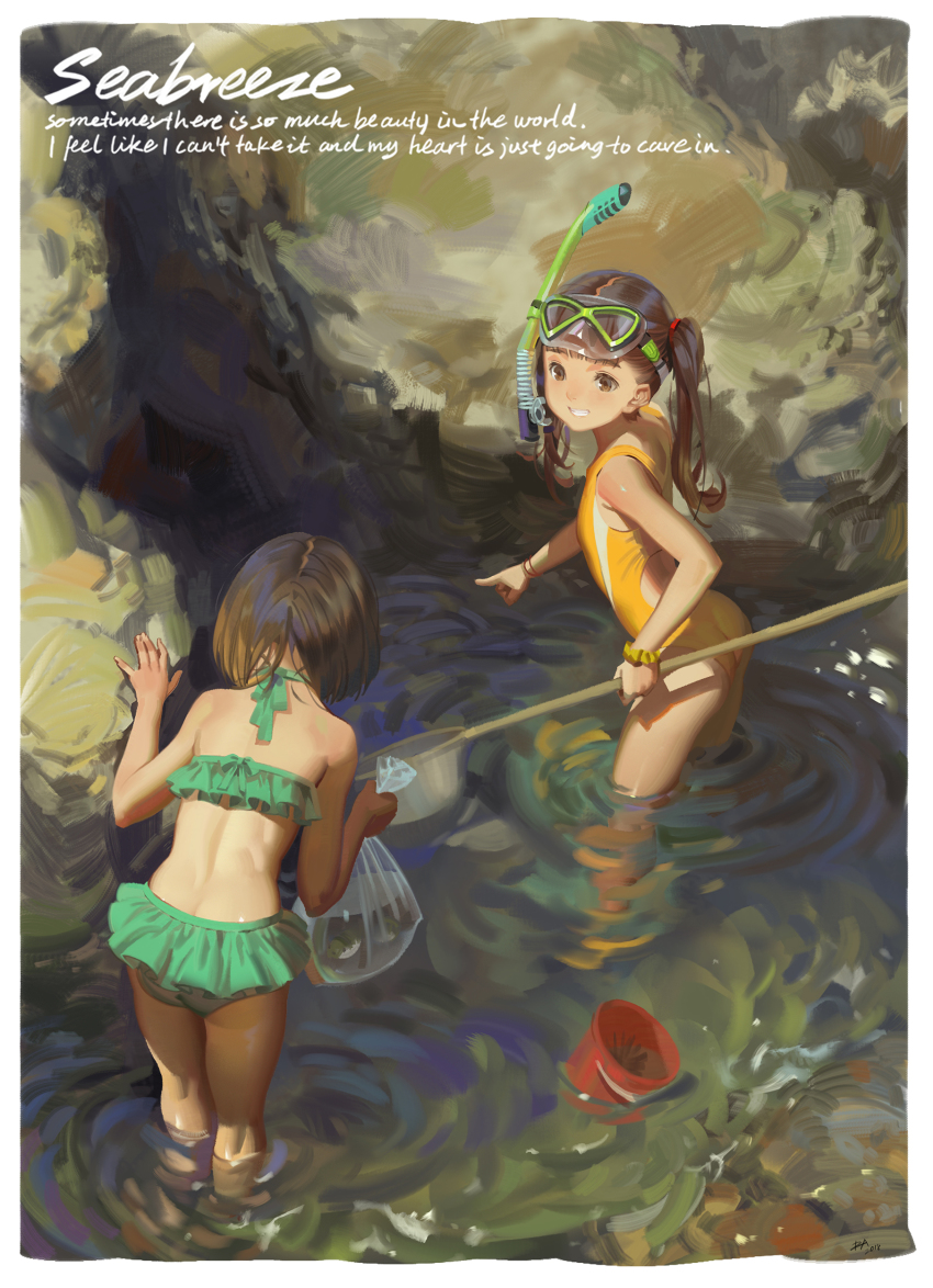 2girls absurdres alphonse_(white_datura) ass bag beach bikini bikini_skirt brown_hair bucket casual_one-piece_swimsuit english_text fish goggles goggles_on_head green_bikini grin highres kneepits legs long_hair multiple_girls net ocean one-piece_swimsuit original outdoors outstretched_arm plastic_bag pointing short_hair smile snorkel swimsuit twintails wading water yellow_one-piece_swimsuit