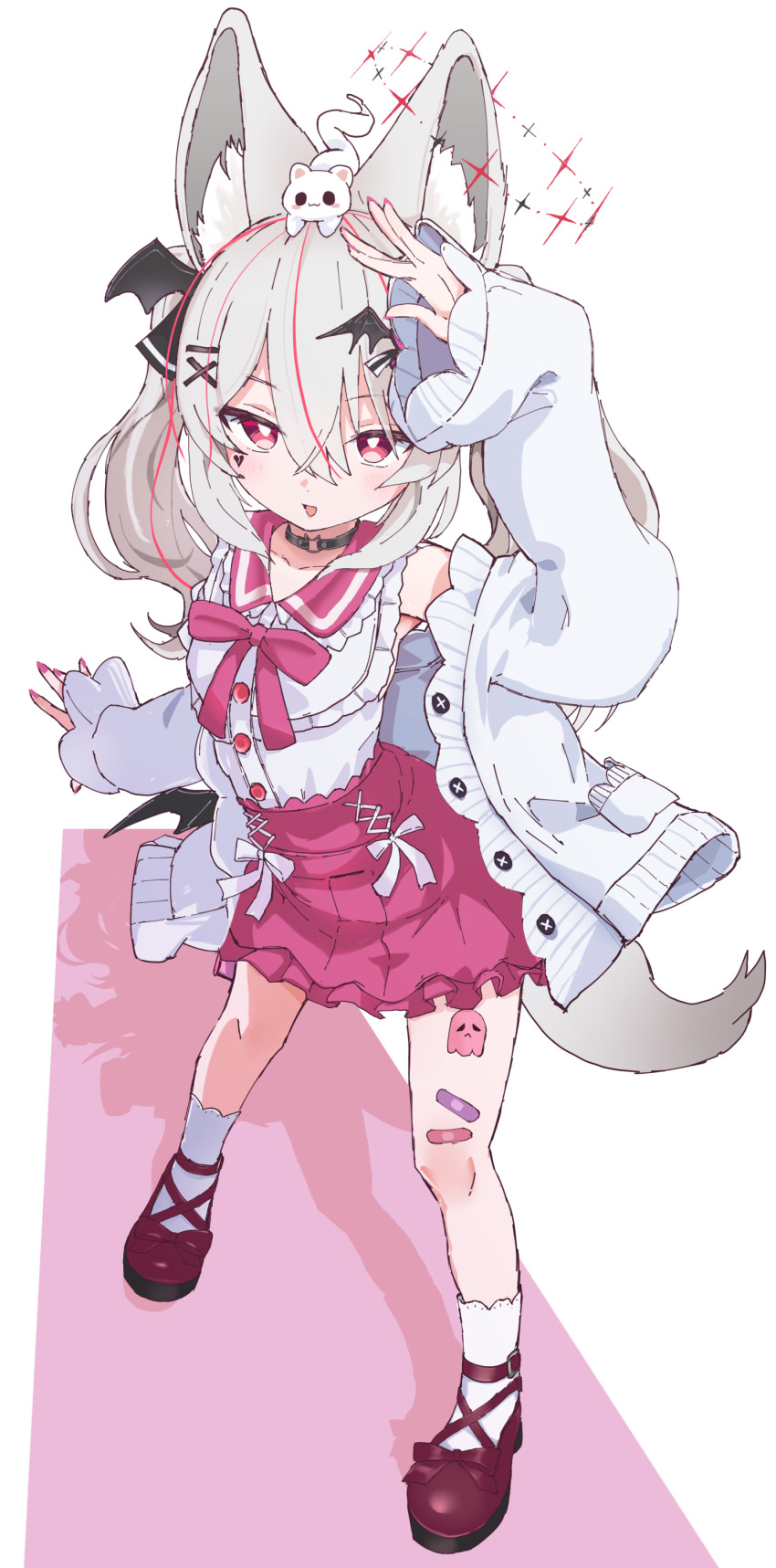 1girl absurdres animal_ear_fluff animal_ears arm_up bandaid bat_wings bright_pupils cardigan choker fox_ears fox_girl fox_tail full_body grey_hair hair_ornament highres karin_(vrchat) long_hair looking_at_viewer mashirokuro multicolored_hair open_cardigan open_clothes pink_eyes pink_hair pink_sailor_collar pink_skirt red_eyes sailor_collar shirt shoes simple_background skirt socks solo streaked_hair tail transparent_background twintails vrchat white_pupils white_socks wings yucblossom