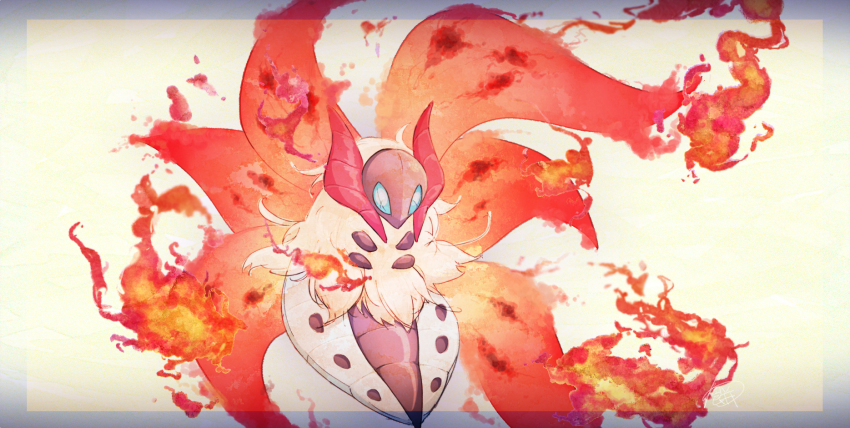 animal_focus blue_eyes border bug fiery_dance_(pokemon) fire floating gen_5_pokemon grey_border highres insect moth nintendo no_humans pokemon pokemon_(creature) solo volcarona warabimoti168