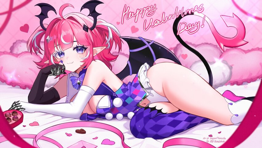 1girl absurdres ahoge aki_hoshino asymmetrical_legwear bell black_gloves black_wings bow bowtie box box_of_chocolates breasts camila_(vtuber) checkered_clothes chocolate cleavage cleavage_cutout closed_mouth clothing_cutout diamond_facial_mark elbow_gloves facial_mark gloves hair_intakes hair_wings heart heart-shaped_pillow heart_facial_mark highres indie_virtual_youtuber letter multicolored_hair pillow pink_hair pointy_ears pom_pom_(clothes) purple_bow purple_bowtie purple_eyes purple_thighhighs solo streaked_hair streamers tail thighhighs two-tone_gloves virtual_youtuber white_gloves white_hair wings