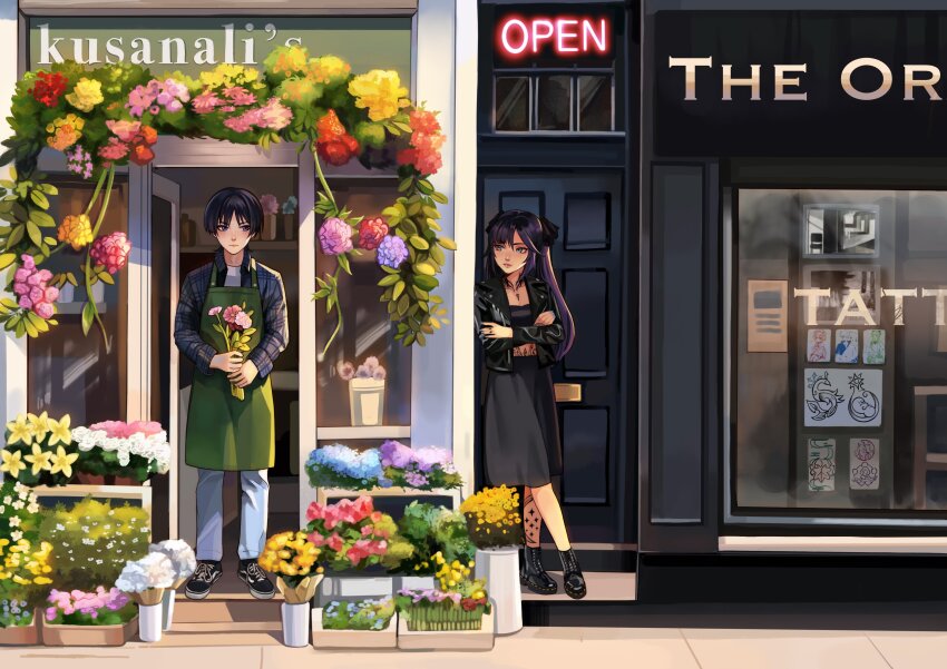 1boy 1girl absurdres against_wall alternate_costume alternate_universe angryoats apron black_bow black_eyes black_footwear black_hair black_jacket black_shirt black_skirt black_sleeves blue_flower blunt_bangs blunt_ends blush boots bouquet bow building bush character_name closed_mouth contemporary crescent_tattoo crop_top door expressionless flower flower_shop full_body genshin_impact green_apron grey_eyes grey_pants hair_between_eyes hair_bow hand_tattoo hanging_plant highres holding holding_bouquet hydrangea jacket lapels leaf leather leather_jacket leg_tattoo long_hair long_skirt long_sleeves looking_at_another midriff_peek mona_(genshin_impact) neck_tattoo open_clothes open_door open_jacket outdoors pants parted_bangs partially_unbuttoned pink_flower plaid_clothes plaid_shirt plaid_sleeves plant purple_flower purple_hair purple_nails red_flower red_lips scaramouche_(genshin_impact) shirt shoes shop sidewalk sideways_glance skirt sneakers stairs standing star_tattoo stomach_tattoo tattoo twintails vase vines white_flower white_undershirt window yellow_flower