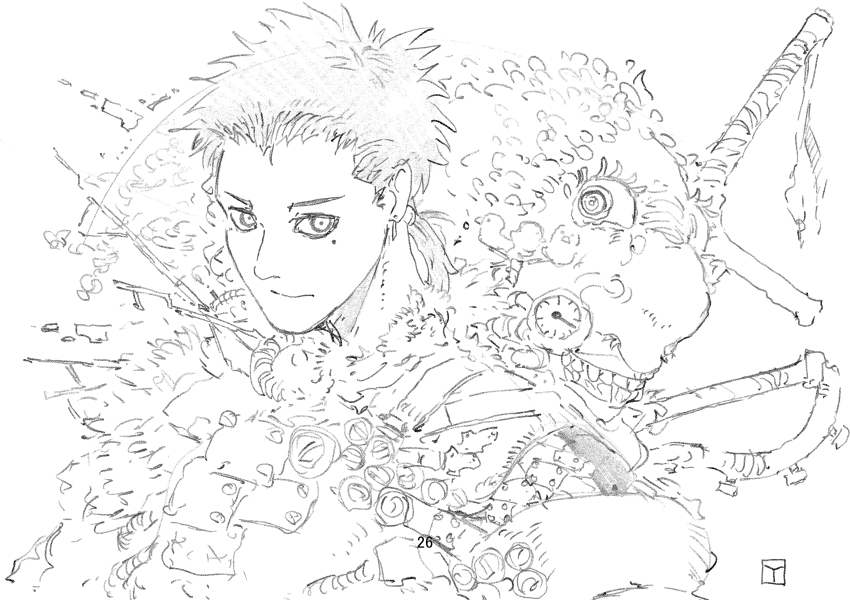 1boy closed_mouth earrings greyscale head_lopper highres jewelry looking_at_viewer male_focus mole mole_under_eye monochrome short_hair simple_background solo spiked_hair sword sword_on_back weapon weapon_on_back white_background yamaji_arata
