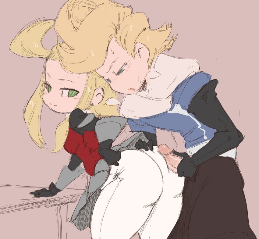 1boy 1girl ahoge ass bent_over black_gloves blonde_hair blue_eyes blush bravely_default:_flying_fairy bravely_default_(series) breasts clothed_sex clothes_lift commentary edea_lee elbow_gloves english_commentary from_behind gloves green_eyes heavy_breathing hetero highres long_hair looking_at_another looking_back looking_down medium_breasts open_mouth pantyhose penis ringabel simple_background sketch skirt skirt_lift small_breasts smile spicy_bardo standing sweat uncensored