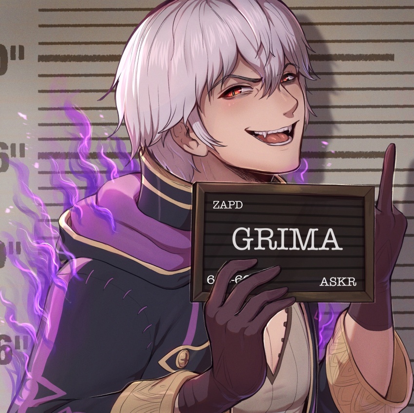 1boy aura barbie_(franchise) barbie_(live_action) barbie_mugshot_(meme) brown_gloves character_name commentary dark_aura english_commentary english_text evomanaphy fangs fire_emblem fire_emblem_awakening fire_emblem_heroes gloves grima_(fire_emblem) hair_between_eyes height_chart height_mark highres holding holding_sign hood hood_down looking_at_viewer male_focus meme middle_finger mugshot nintendo open_mouth red_eyes robin_(fire_emblem) robin_(male)_(fire_emblem) shadow short_hair sideways_glance sign slit_pupils solo teeth tongue upper_body