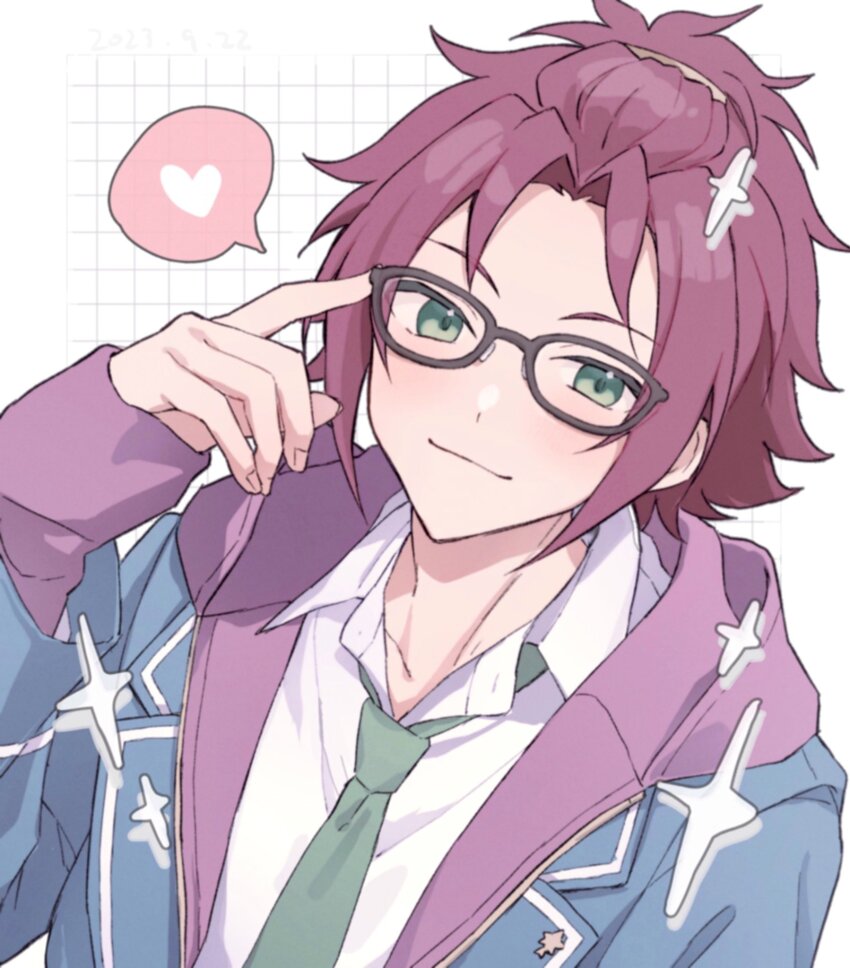 1boy bangs_pinned_back blue_jacket closed_mouth ensemble_stars! glasses green_eyes green_necktie highres hood hoodie image_in_speech_bubble index_finger_raised isara_mao jacket long_sleeves looking_at_viewer male_focus necktie purple_hoodie red_hair reijiro smile solo speech_bubble white_background