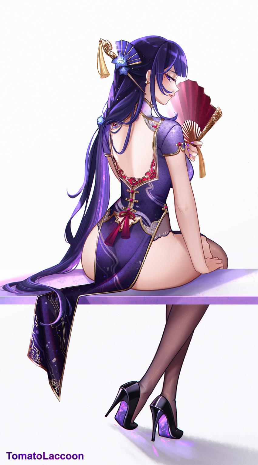 1girl alternate_costume artist_name ass back black_thighhighs china_dress chinese_clothes closed_mouth commentary dress earrings fingernails folding_fan from_behind full_body genshin_impact hair_ornament hand_fan hashtag-only_commentary high_heels highres holding holding_fan jewelry long_hair looking_at_viewer looking_back median_furrow mole mole_under_eye nail_polish patent_heels pumps purple_dress purple_eyes purple_hair purple_nails purple_shoes raiden_shogun shoes sitting solo stiletto_heels thighhighs tomatolaccoon very_long_hair